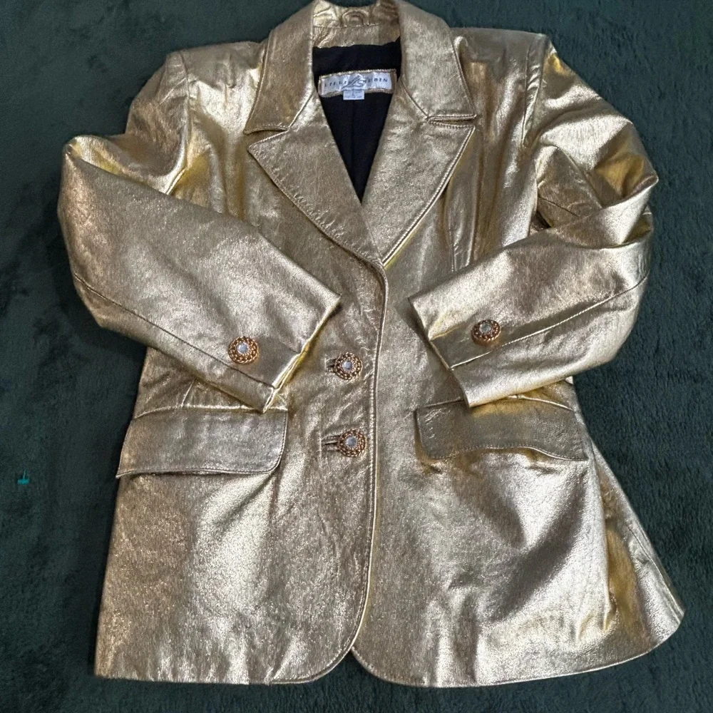 Vintage Lillie Rubin Suit Jacket & Skirt Set in Gold metallic leather 80 90s L - Picture 10 of 13